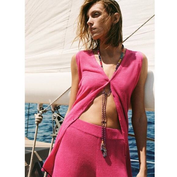 Zara Pink Linen Blend Button Front Long Sleeveless Vest NWT Size Small - Picture 1 of 5